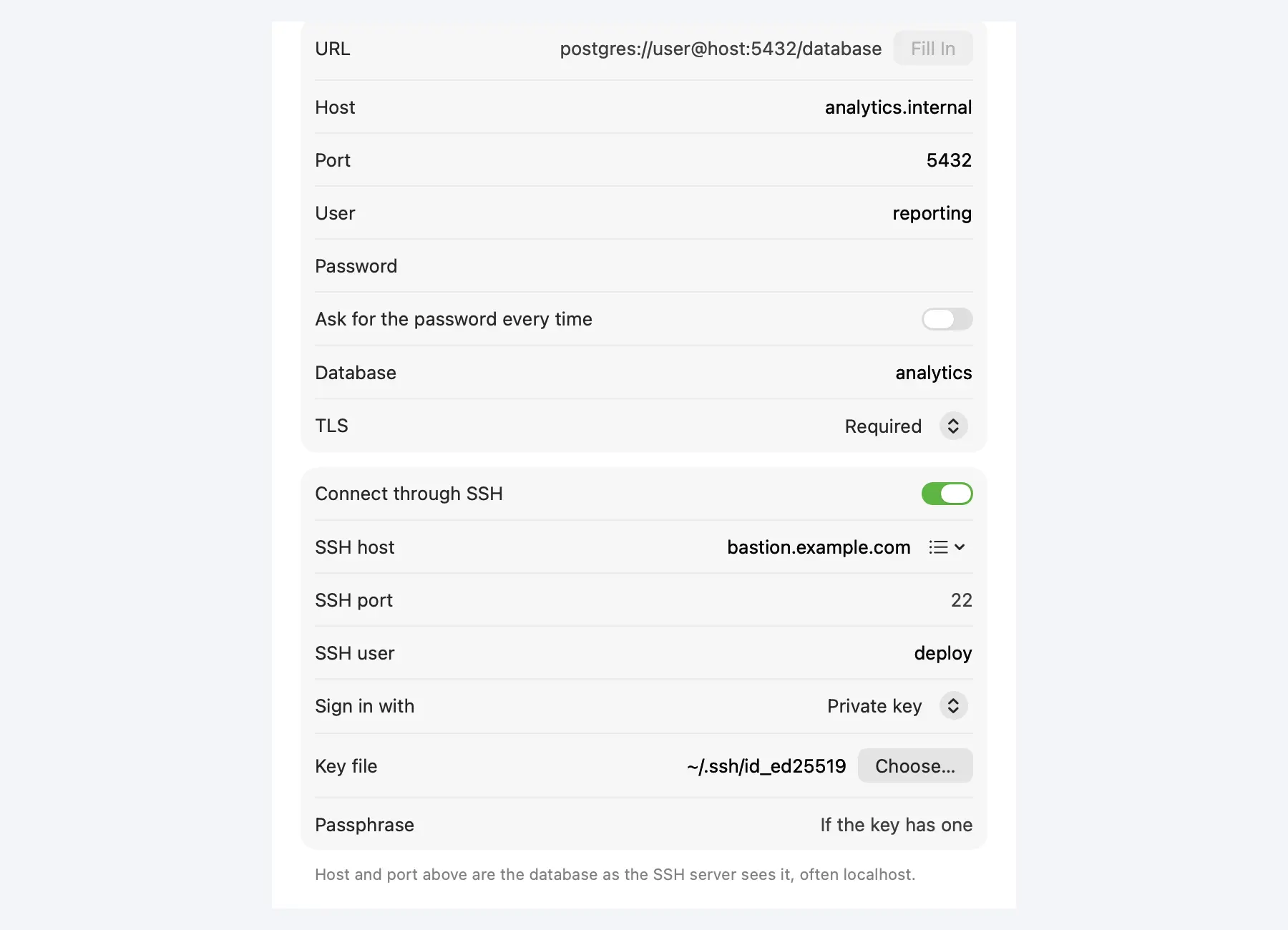 The connection form for a PostgreSQL database, with TLS required and Connect through SSH turned on with a private key