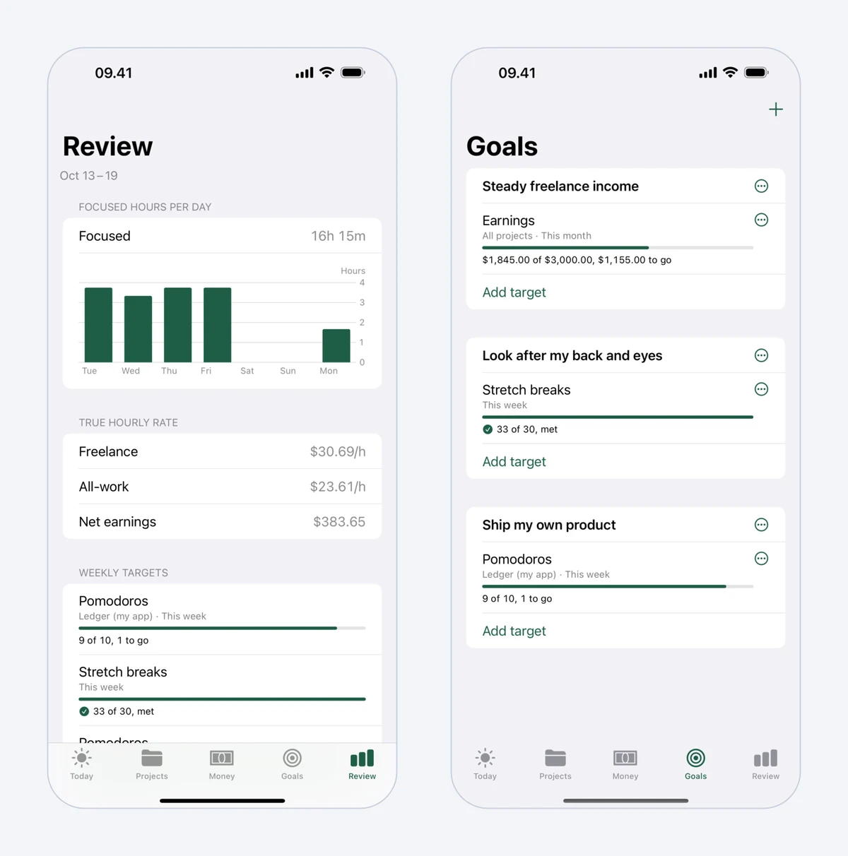 Two iPhone screens: the weekly Review with focused hours per day and time by category, and Goals with three goals and their progress
