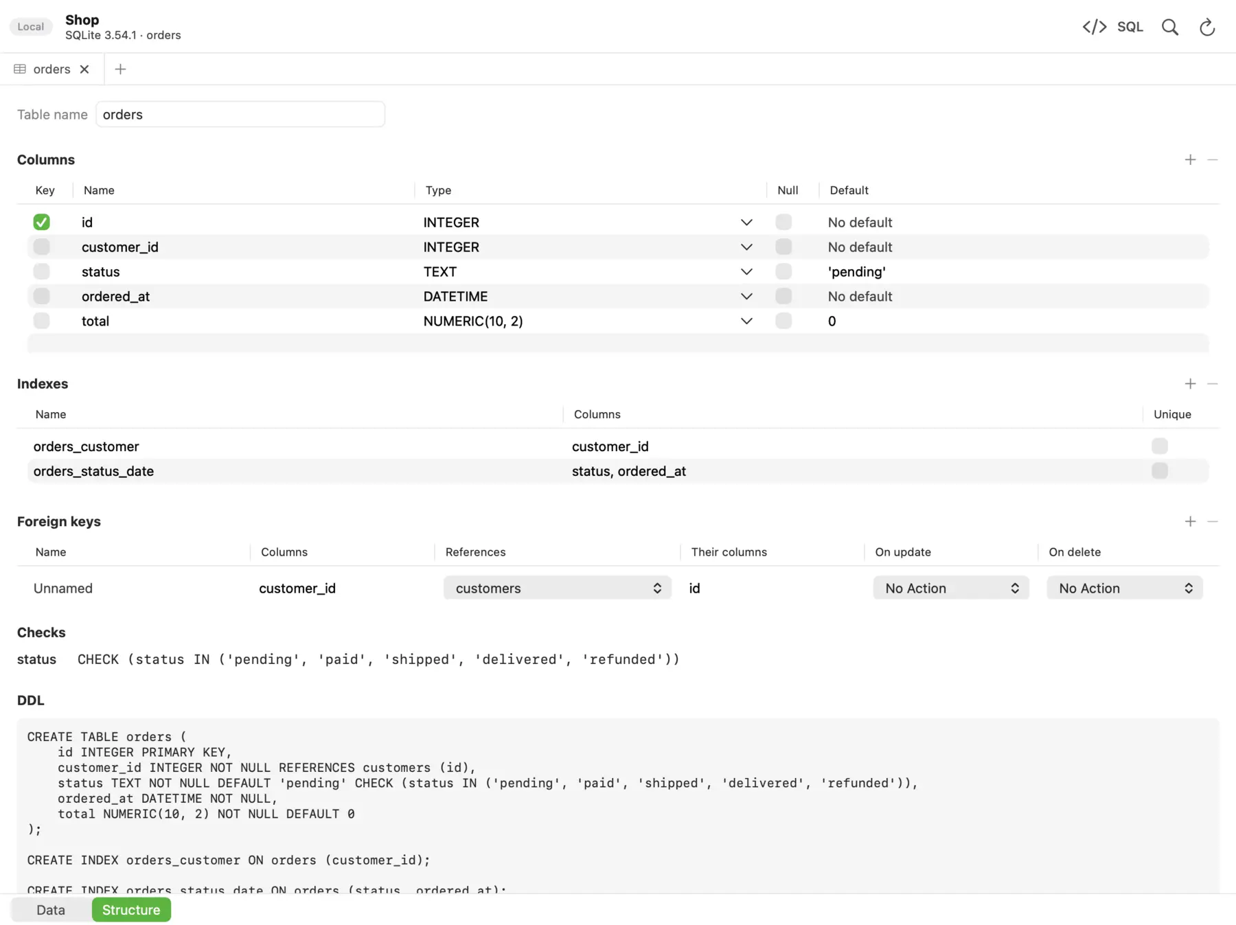 The Structure view of an orders table: columns, two indexes, a foreign key to customers, a check constraint and the CREATE TABLE statement