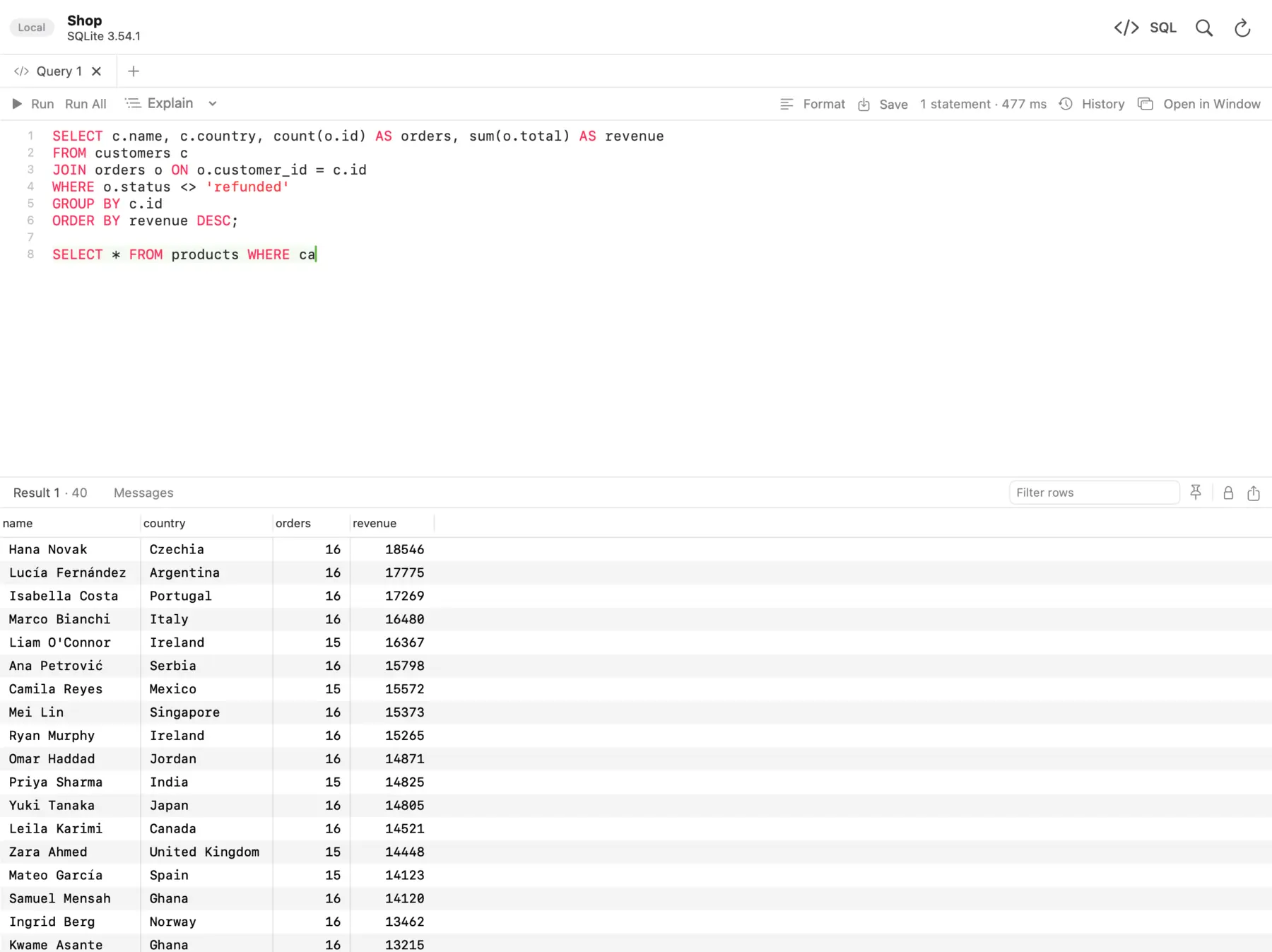 The SQL editor with a query joining customers and orders, and its 40 result rows below