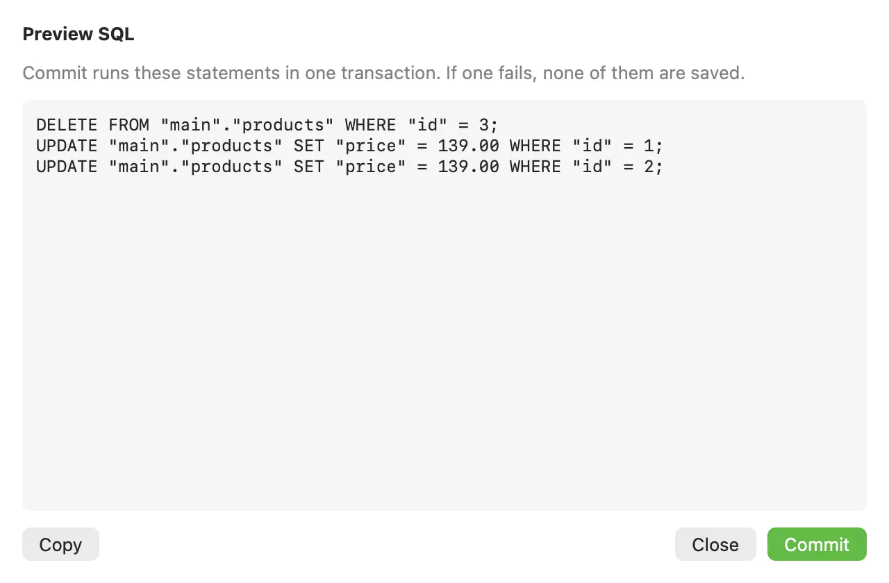 The Preview SQL sheet listing a DELETE and two UPDATE statements, with Copy, Close and Commit buttons