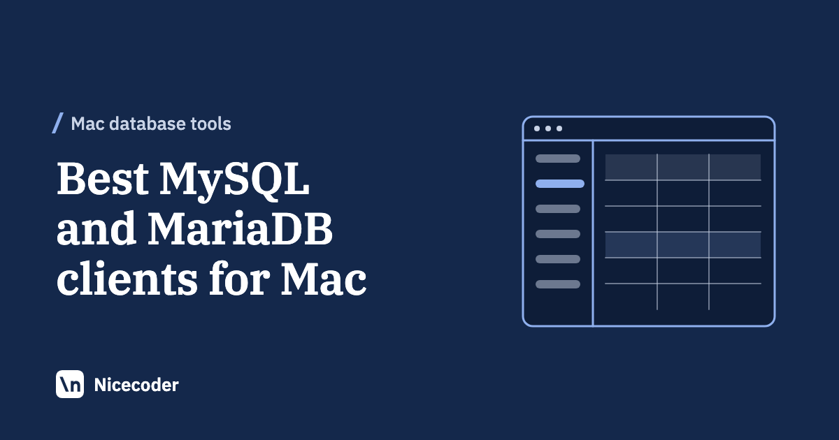 Cover reading Best MySQL and MariaDB clients for Mac, with a line drawing of an app window with a table list beside a data grid